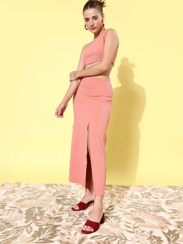Women's Pink Cut Out One Shoulder Maxi Dress - StyleStone Cozy Maxi Dress with Slit
