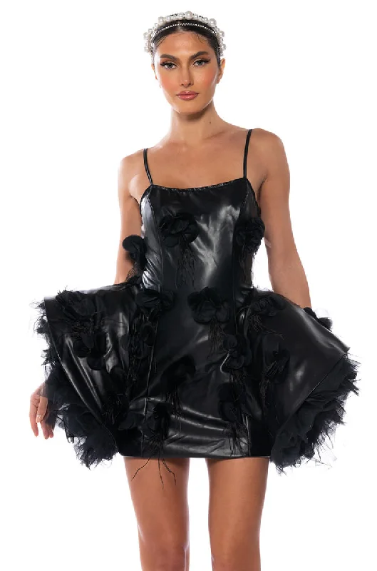 IN BLOOM VEGAN LEATHER FLARED MINI DRESS Modern Satin Mini Dress