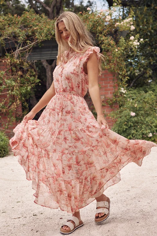 Infatuation Peach Paradise Floral Flutter Sleeve Tiered Maxi Dress Elegant Wraparound Maxi Dress