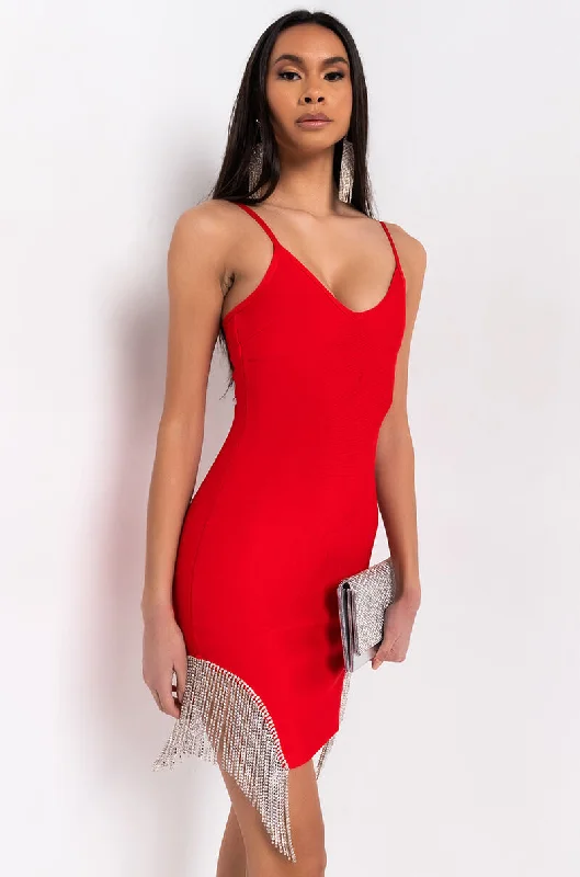 IT'S THE FRINGE FOR ME MINI DRESS WITH FRINGE RHINESTONE TRIM RED Cozy Knit Mini Dress