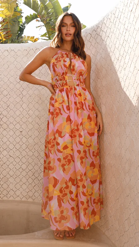 Ivy Maxi Dress - Pink Multi Stylish One-Shoulder Maxi Dress