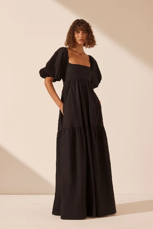 JOSEPHINE SQUARE NECK TIERED MAXI DRESS - BLACK Comfortable Fit-and-Flare Maxi Dress