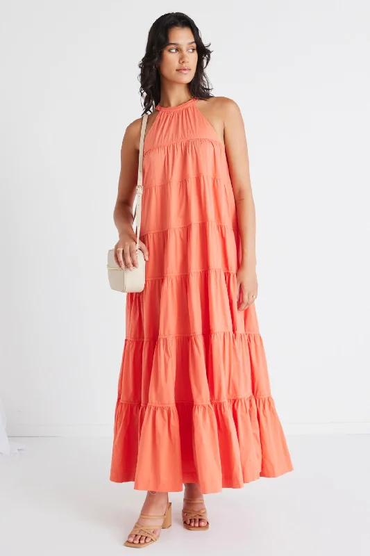 Kaye Watermelon Sleeveless High Neck Tiered Maxi Dress Stylish Boho Chic Maxi Dress