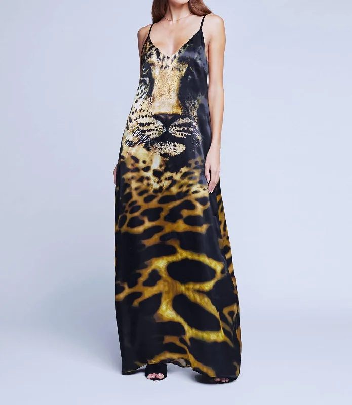 Kayla Maxi Dress In Black Multi Leopard Face Trendy Off-Shoulder Ruffle Maxi Dress