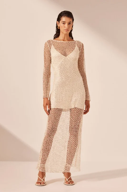 KIARA LONG SLEEVE SHEER MAXI DRESS Elegant Maxi Dress with Ruffles
