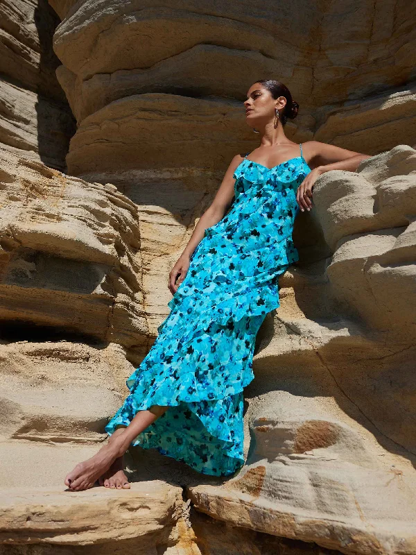 Kirstee Blue Floral Print Ruffle Cami Maxi Dress Elegant Boho Maxi Dress