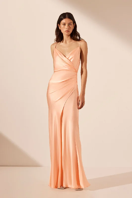 LA LUNE CROSS DRAPED MAXI DRESS - PEACH Elegant Boho Maxi Dress