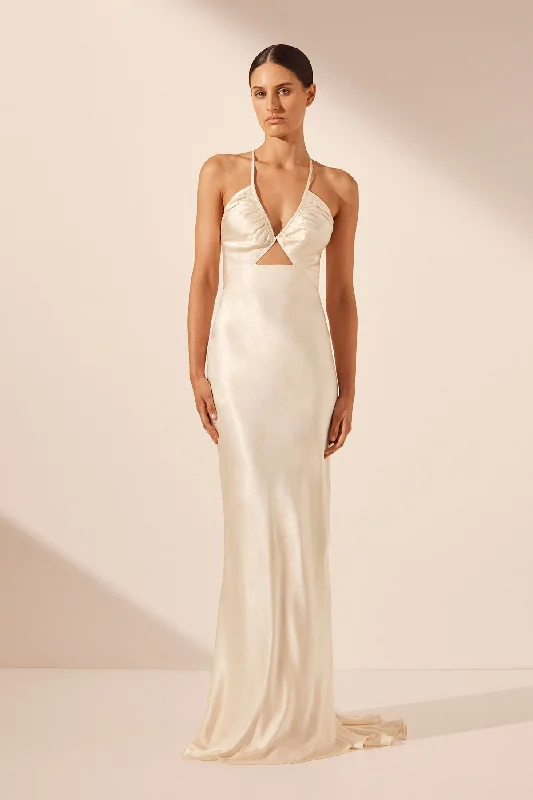 LA LUNE RUCHED BODICE MAXI DRESS - CREAM Cozy Maxi Dress with Slit
