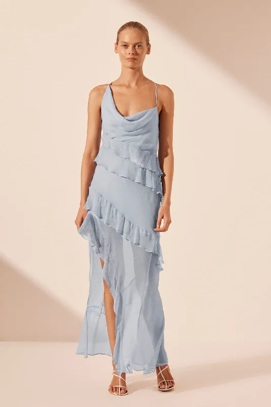 LAYLA ASYMMETRICAL RUFFLE MAXI DRESS - SKY Comfortable Satin Maxi Dress