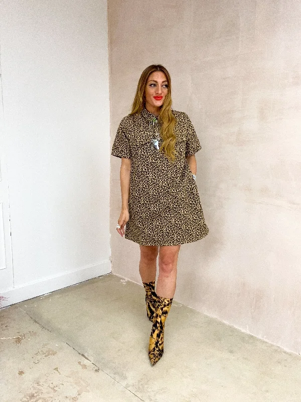 A-Line Denim Mini Dress In Leopard Print Trendy Button-Detail Mini Dress