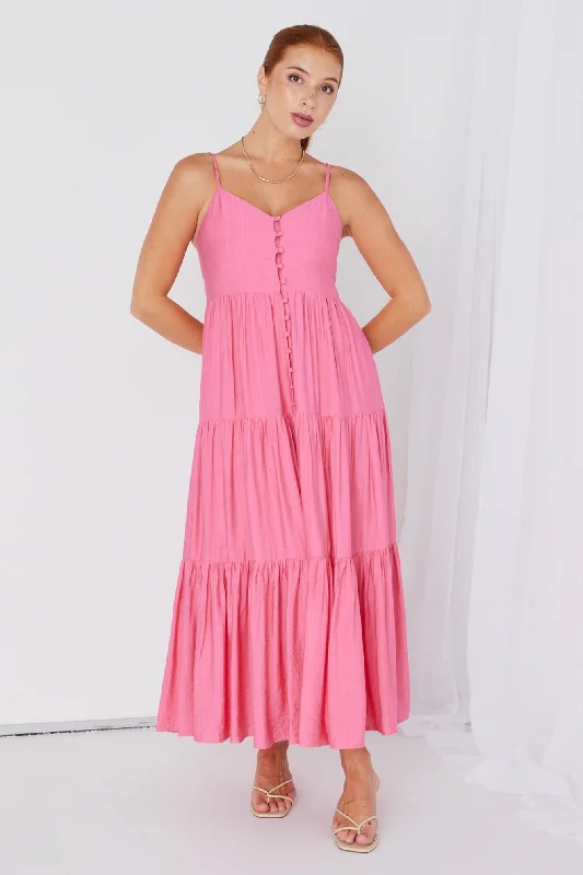 Lilibet Coral Strappy Button Front Maxi Dress Trendy Off-Shoulder Ruffle Maxi Dress