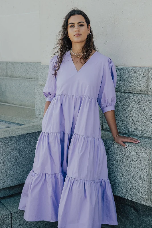 Clarity Lilac Puff Sleeve Tiered Maxi Dress Elegant Maxi Dress with Pockets