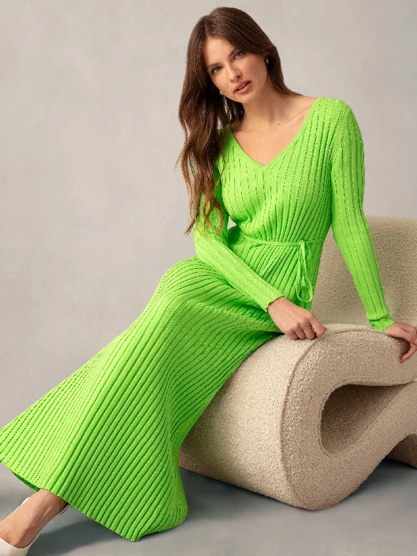Lime Wide Rib Knit V-Neck Maxi Dress Fashionable Off-Shoulder Maxi Dress