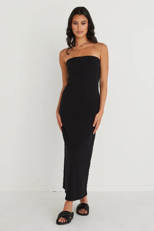 Luca Black Strapless Rib Jersey Maxi Dress Comfortable Ruffle Hem Maxi Dress