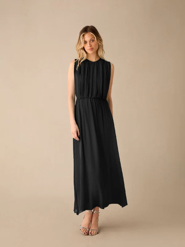 Lucia Black Gathered Waist Maxi Dress Stylish A-Line Maxi Dress