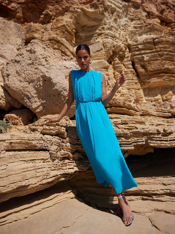 Lucia Blue Gathered Waist Maxi Dress Comfortable Long-Sleeve Maxi Dress