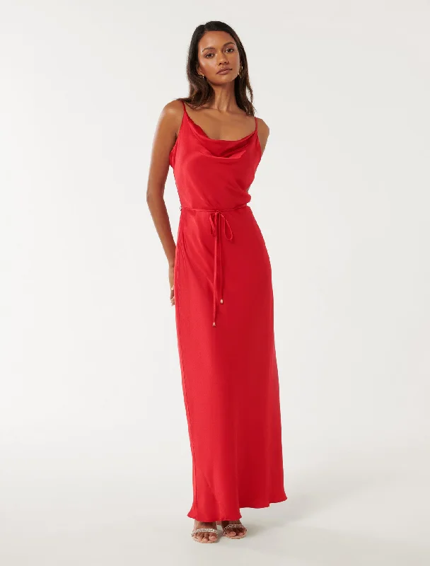 Lucy Petite Satin Cowl Maxi Dress Trendy Maxi Dress with Lace