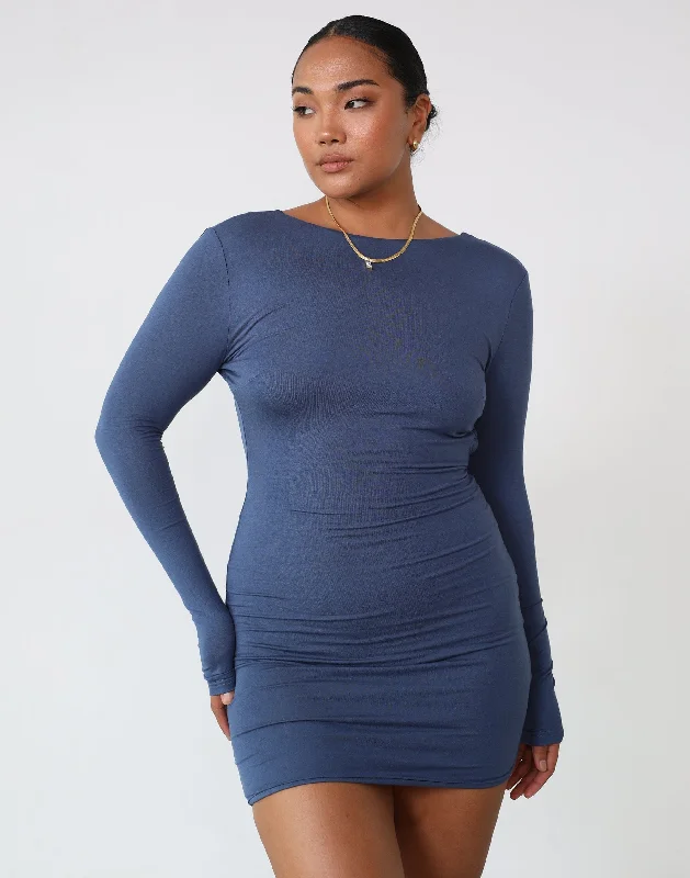 Luna Long Sleeve Mini Dress (Storm Blue) Trendy Mini Dress with Belt