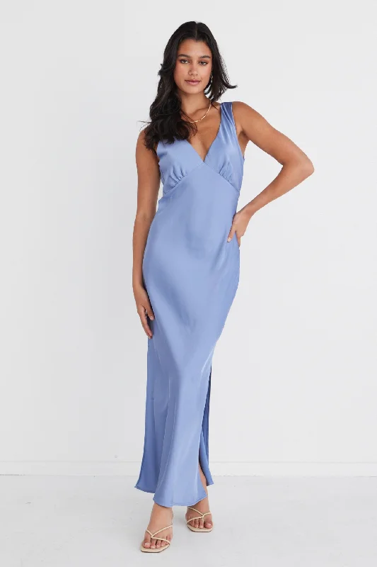 Mable Slate Satin Sleeveless Empire Tie Back Maxi Dress Fashionable Off-Shoulder Maxi Dress