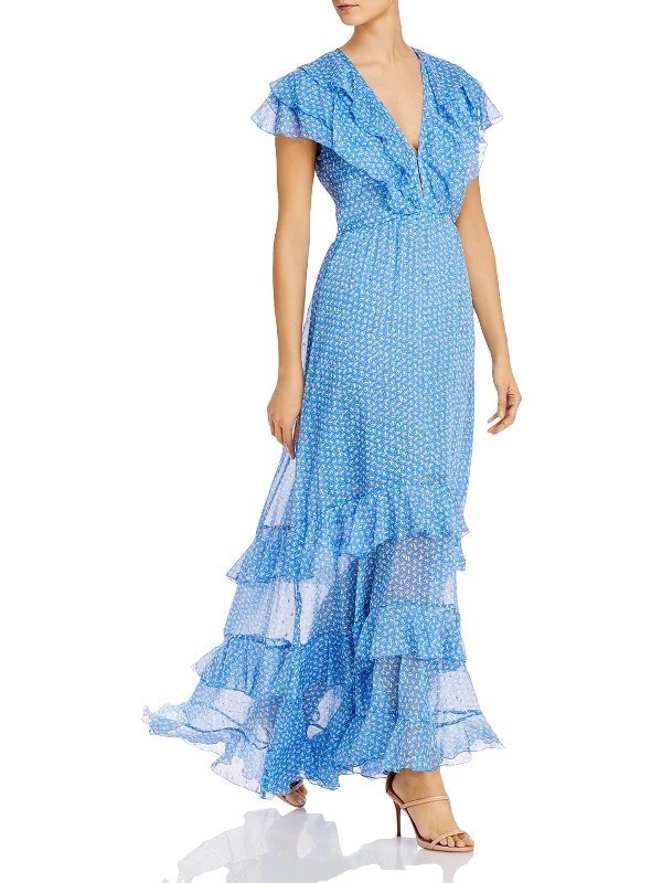 Malibu Womens Printed Metallic Maxi Dress Fashionable Chiffon Tiered Maxi Dress