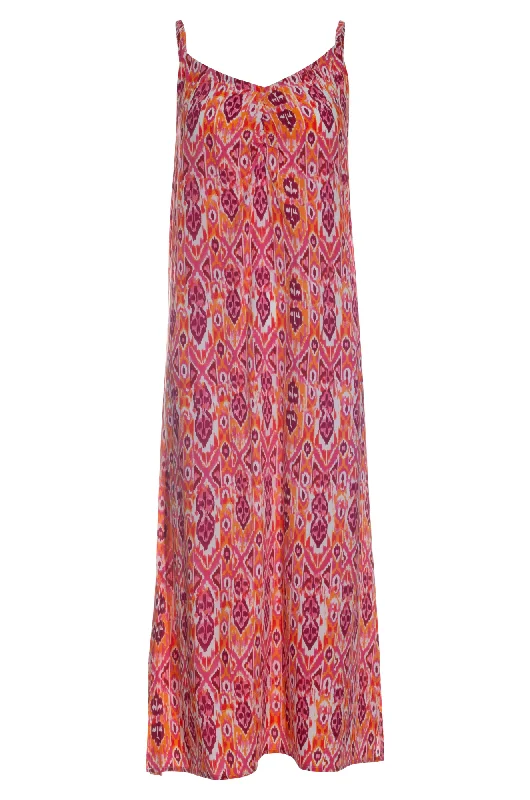 Maxi Dress with spaghetti straps | Pink Orange Aztec | 3357AR Stylish Maxi Dress with Pleats