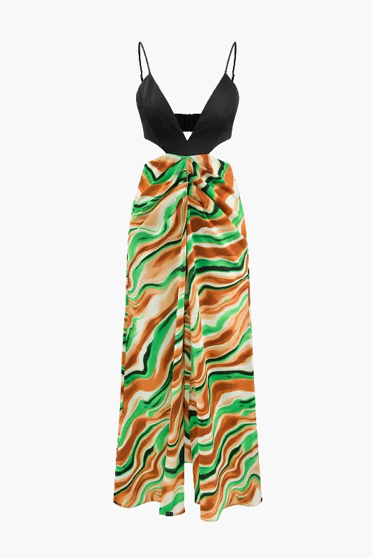 Printed Satin V-neck Cut Out Maxi Dress Comfortable Bohemian Maxi Dress