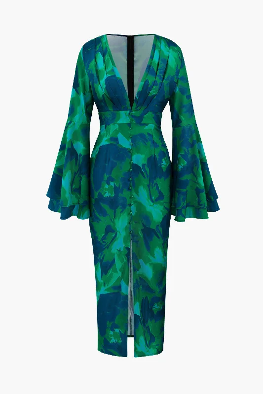 Floral Print V-neck Slit Maxi Dress Comfortable Fit-and-Flare Maxi Dress