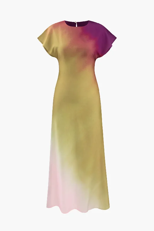 Tie-Dye Satin Cap Sleeve Maxi Dress Cozy Ribbed Maxi Dress