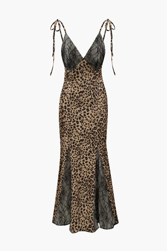 Lace Detail Leopard Print Maxi Dress Fashionable Off-Shoulder Maxi Dress