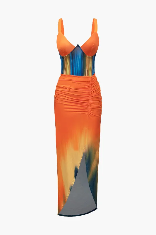 Tie Dye Print V-neck Ruched Maxi Dress Trendy Floral Print Maxi Dress