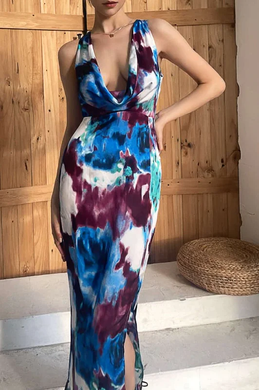 Tie Dye Cowl Neck Slit Maxi Dress Classic V-Neck Maxi Dress