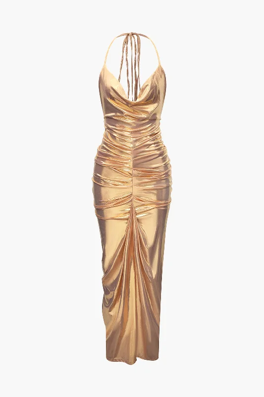 Metallic Ruched Halter Maxi Dress Chic Summer Maxi Dress