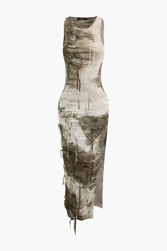 Tie Dye Distressed Sleeveless Cut Out Slit Maxi Dress Comfortable Cotton Maxi Dress