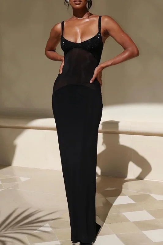 Mesh Rhinestone Sheer Maxi Dress Elegant Lace Maxi Dress