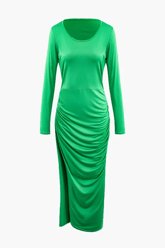 Asymmetrical Hem Round Neck Ruched Long Sleeve Maxi Dress Cozy Knit Maxi Dress