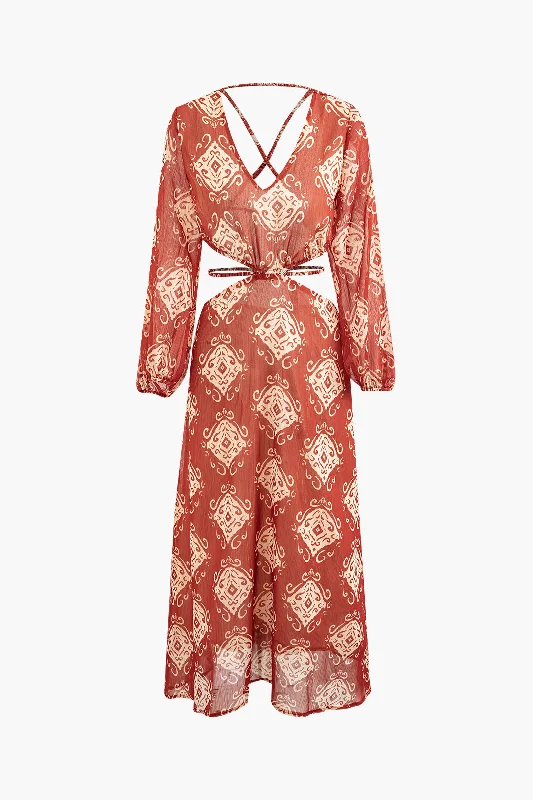 Abstract Print Cross Tie Backless Maxi Dress Trendy Printed Maxi Dress