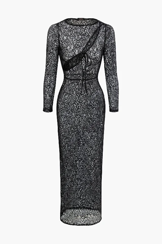 Lace Sheer Cut Out Tie Front Maxi Dress Fashionable High-Waist Maxi Dress