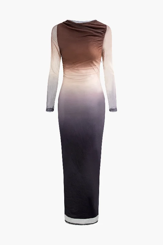 Tie Dye Ruched Mesh Long Sleeve Maxi Dress Fashionable Sheer Maxi Dress
