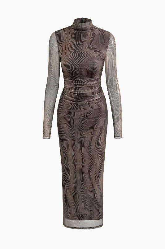Wave Mock Neck Mesh Long Sleeve Maxi Dress Fashionable Button-Down Maxi Dress