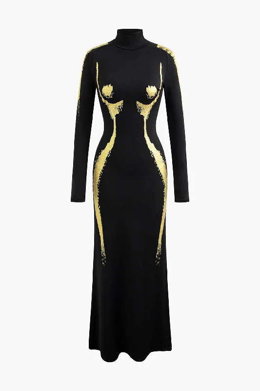 Body Print Turtle Neck Long Sleeve Maxi Dress Elegant Silk Maxi Dress