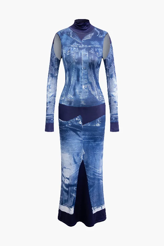 Denim Print Mock Neck Cut Out Long Sleeve Maxi Dress Stylish Empire Waist Maxi Dress