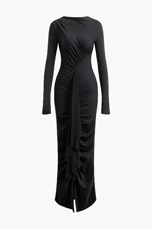 Round Neck Ruched Slit Long Sleeve Maxi Dress Trendy Ruffled Maxi Dress