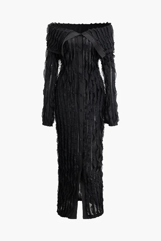 Off Shoulder Textured Button Up Slit Long Sleeve Maxi Dress Fashionable High-Waist Maxi Dress