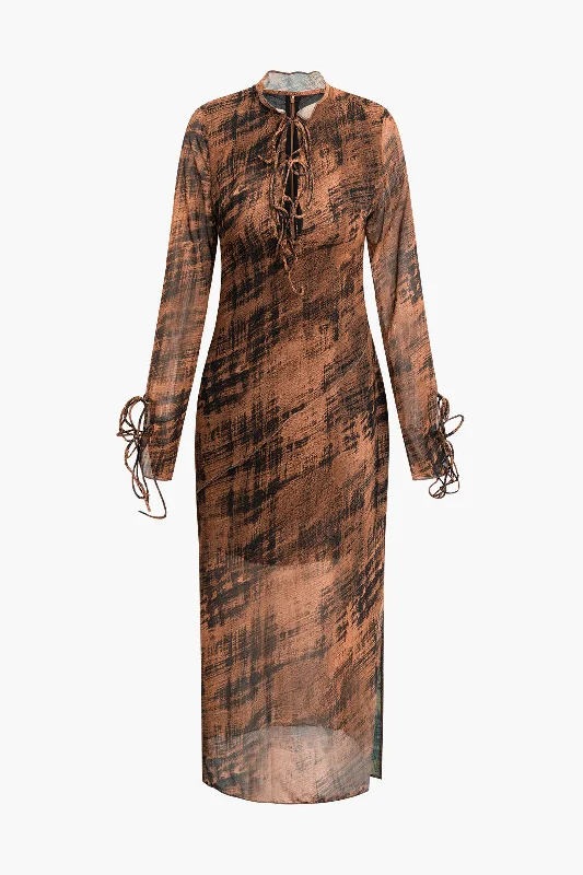 Abstract Print Lace-up Long Sleeve Maxi Dress Elegant Silk Maxi Dress