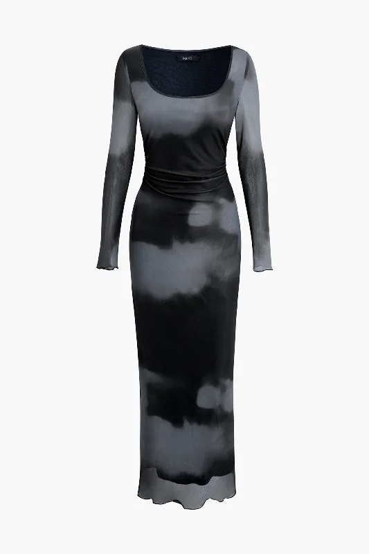 Tie Dye U Neck Mesh Ruched Long Sleeve Maxi Dress Stylish Maxi Dress with Frills