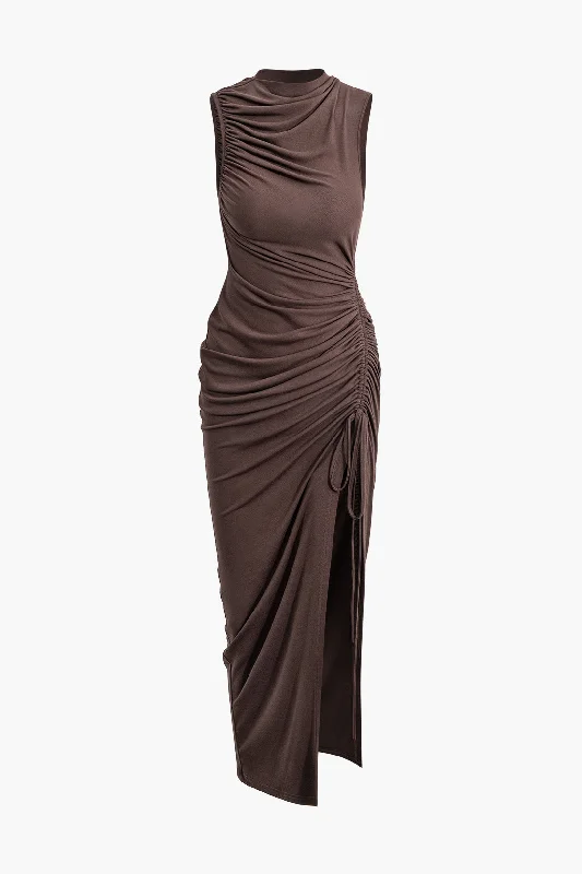 Asymmetric Ruched Drawstring Slit Sleeveless Maxi Dress Trendy Floral Print Maxi Dress