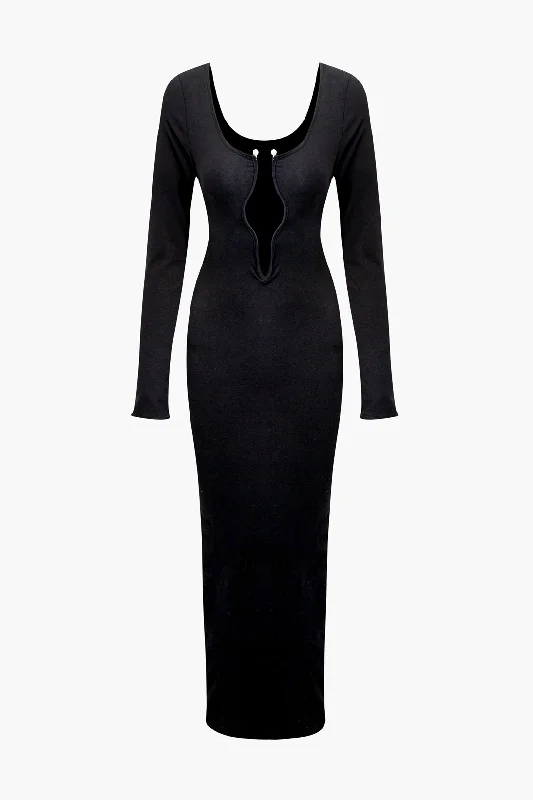 Deep V-neck Pearl Detail Long Sleeve Maxi Dress Cozy Maxi Dress with Slit