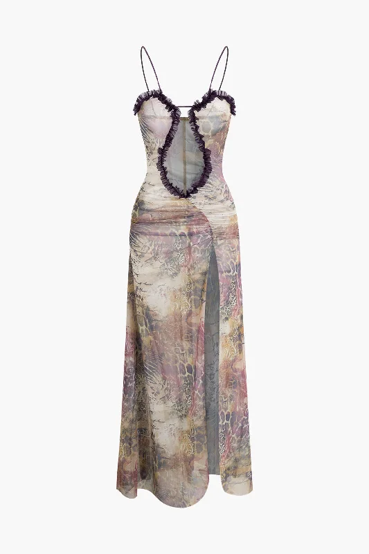 Printed Ruffle Cut Out Mesh Slit Slip Maxi Dress Trendy Floral Print Maxi Dress