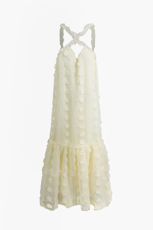 3D Flower Cross Strap Tiered Maxi Dress Chic Sleeveless Maxi Dress
