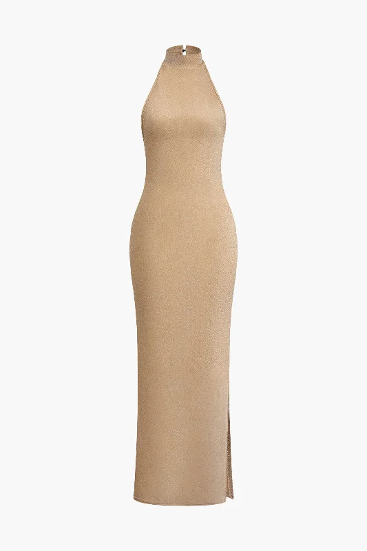 Halter Backless Slit Maxi Dress Casual Maxi Dress with Pockets